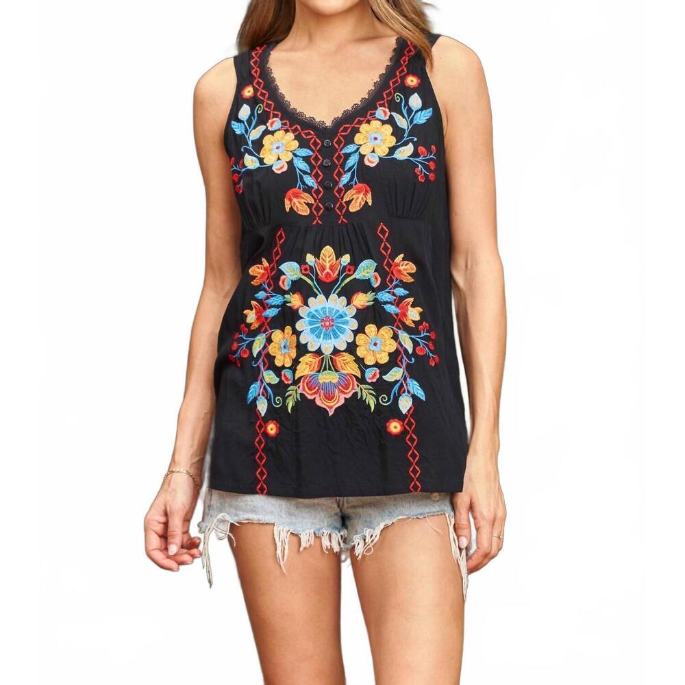 NEW PAPARAZZI woven embroidered empire waist tank top in black